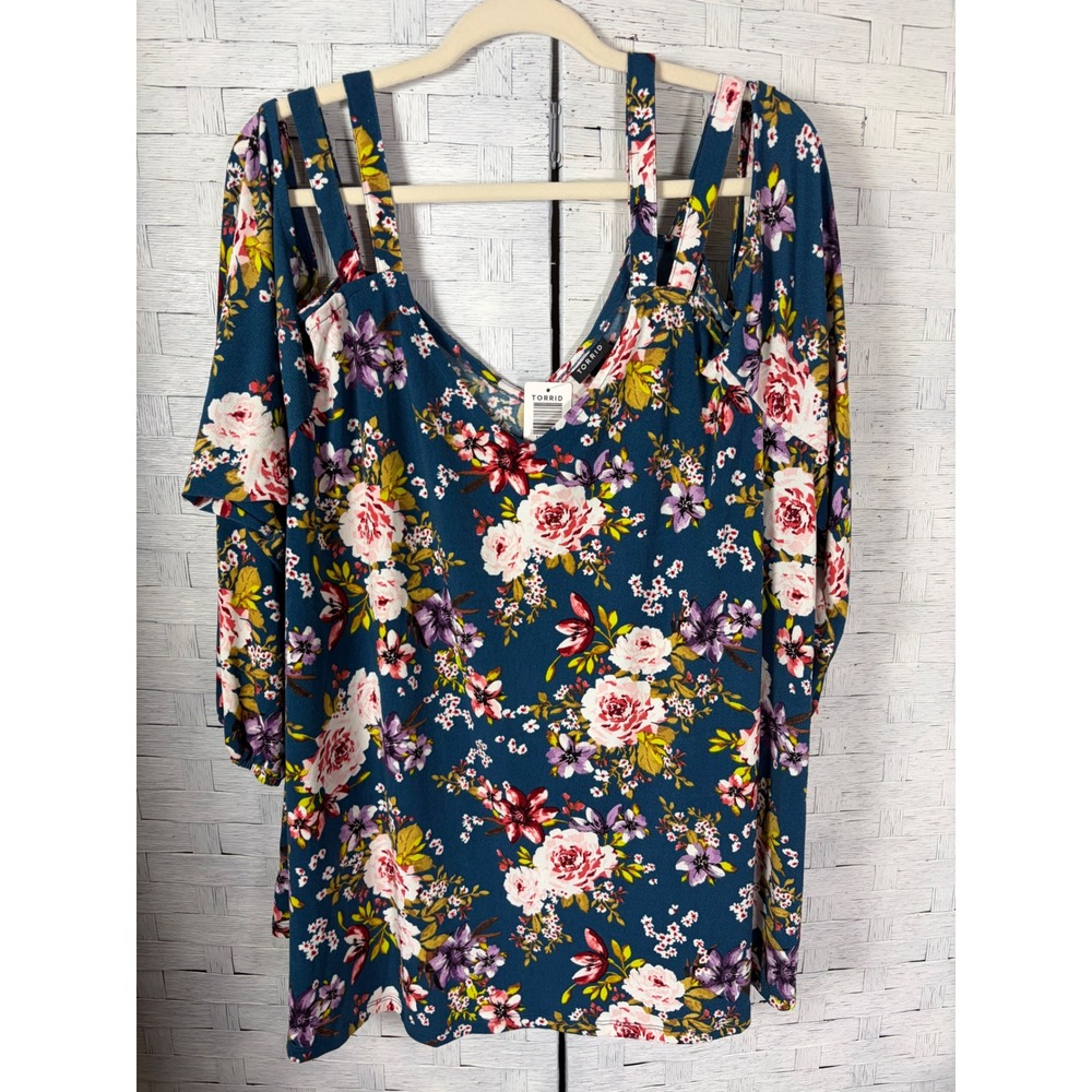 Torrid Womens Blouse Floral Cold Shoulder Balloon Sleeve Strappy Plus Size